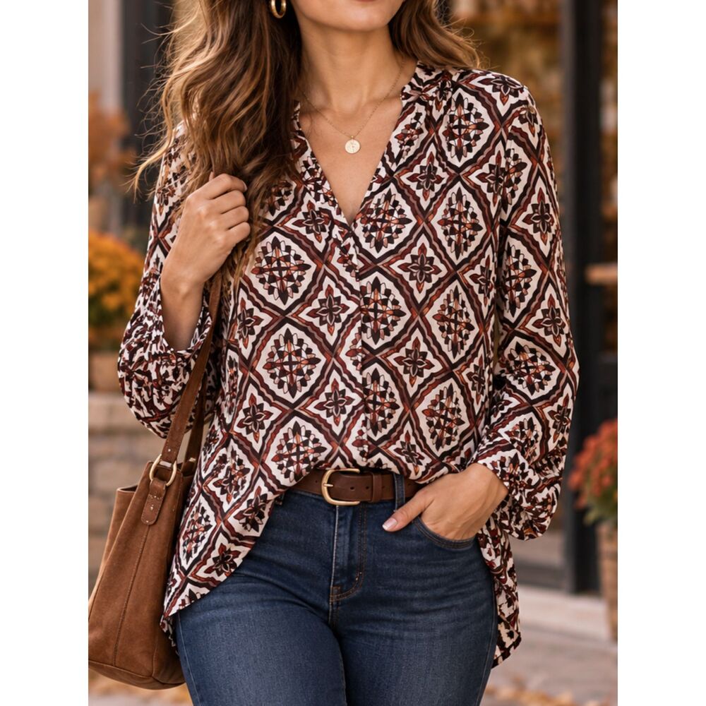 JM Collection Women’s Large Boho Geometric Print V Neck 3/4 Sleeve Tunic Blouse